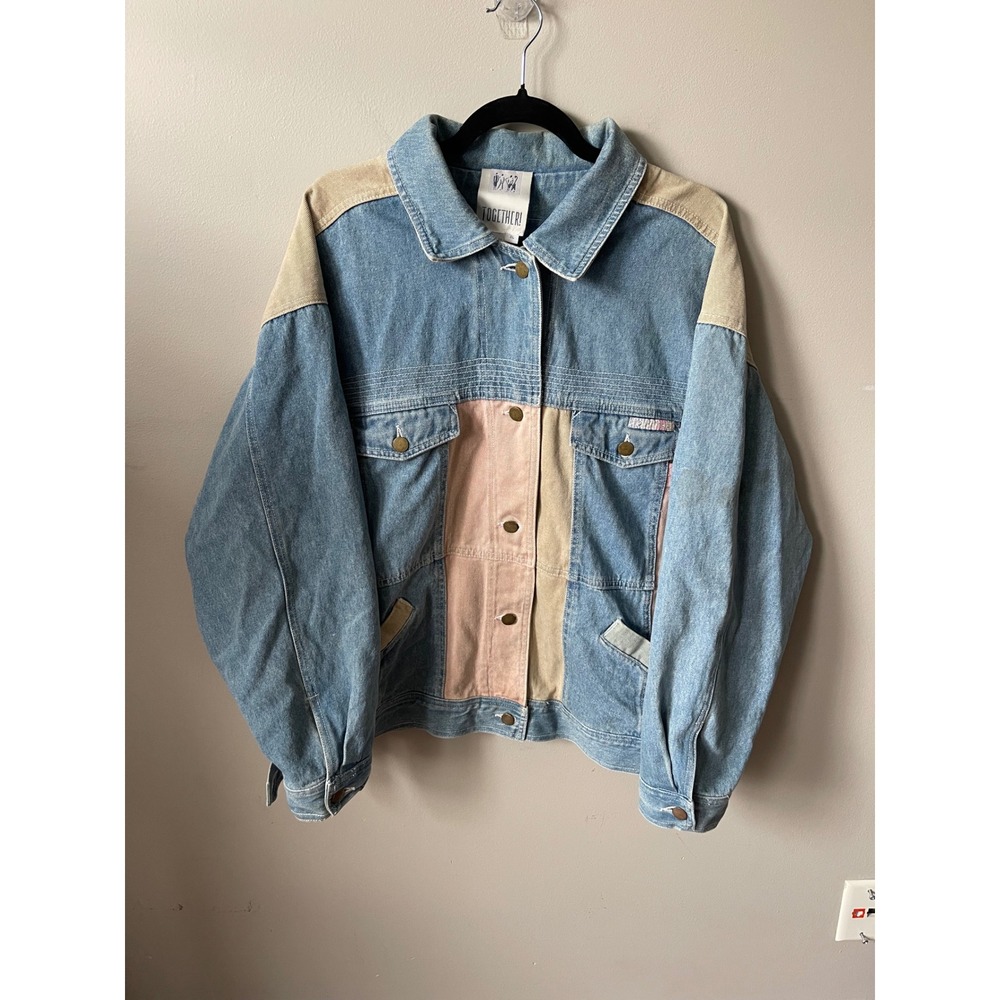 Together! Vintage 90s Colorblock Denim Jacket Parrot Embroidery Pastel casual